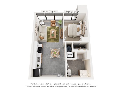 Floor plan for 1 bed, 1 bath, 623 sqft